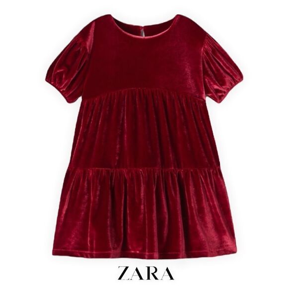 ZARA Kids | Red | TIERED VELVET DRESS - Picture 2 of 8